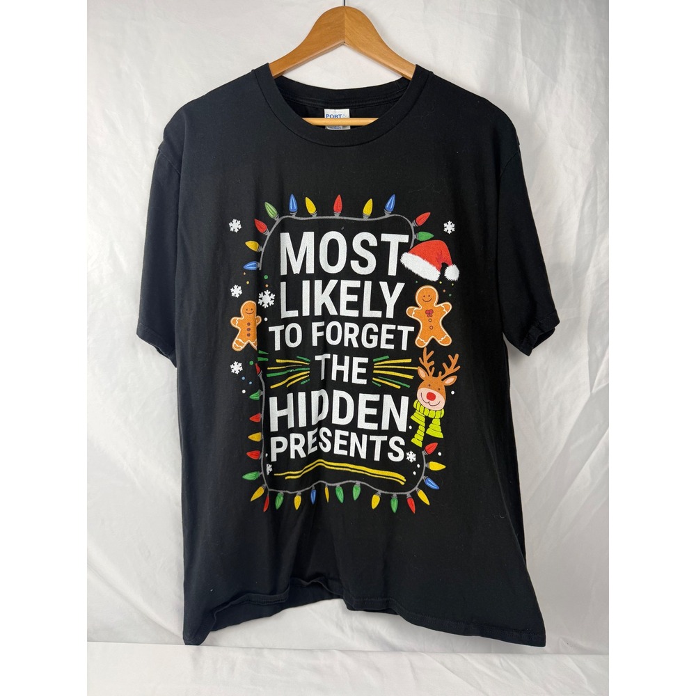 Port & Company Large Funny Christmas T Shirt Most Likely Hidden Presents Black